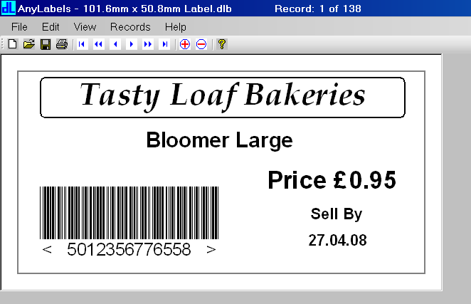 barcode label. Example of label created in